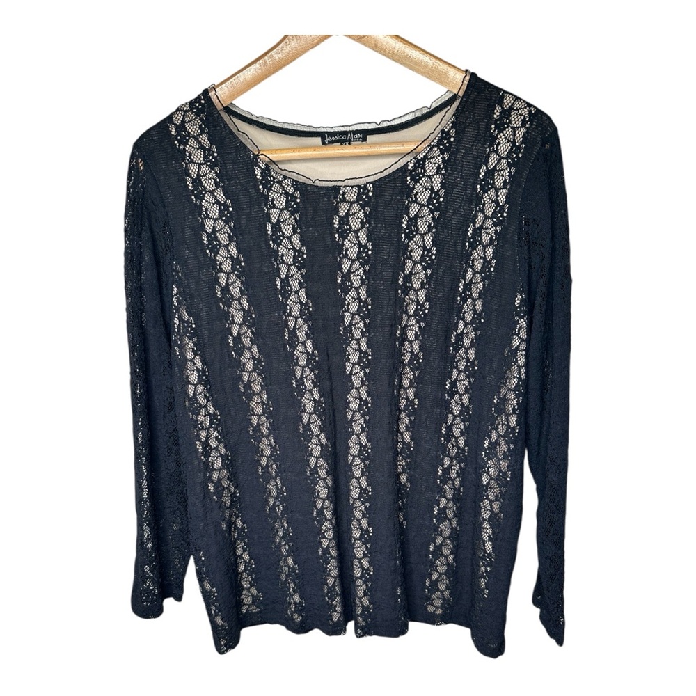 Vintage Y2K Black Lace Overlay Top Size 2X Stretchy Whimsygoth Dark Romantic